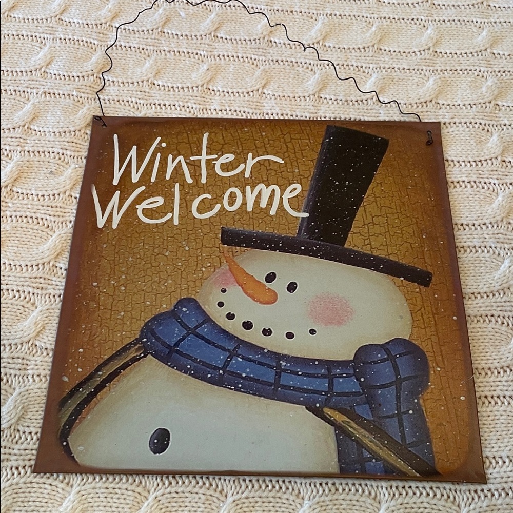 2 Tin snowman decorations w/ wire hanger. 8.6” square. Winter Christmas decor